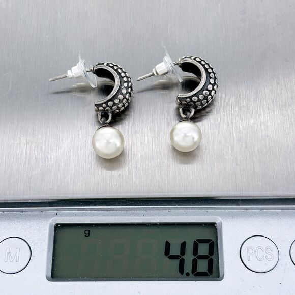 Vintage Sterling Silver 925 Hobnail Detail Imitation Pearl Drop Earrings - Picture 6 of 6